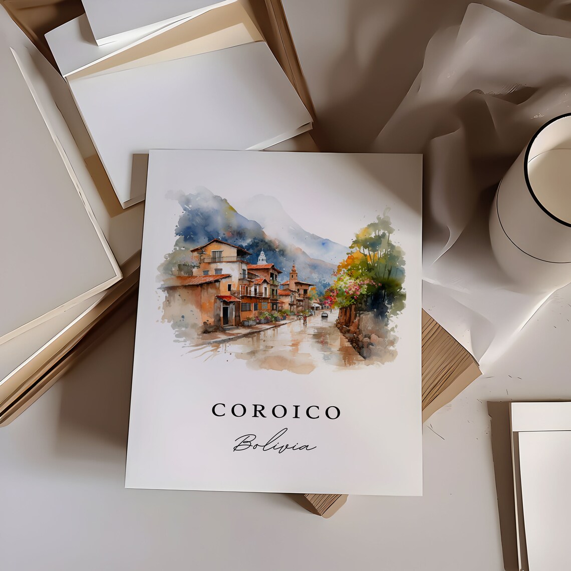 Coroico Bolivia Colonial Street Red Roofs Mountain Watercolor Poster - Image 5