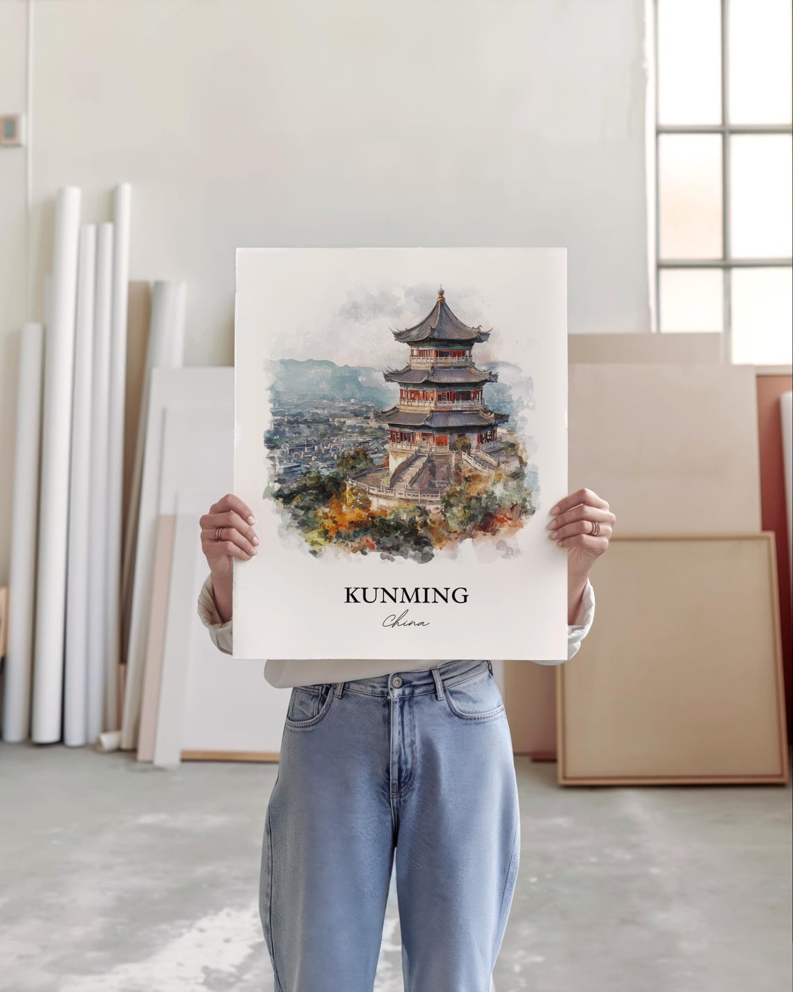 Kunming China Watercolor Pagoda Hills City Skyline View Poster - Image 5