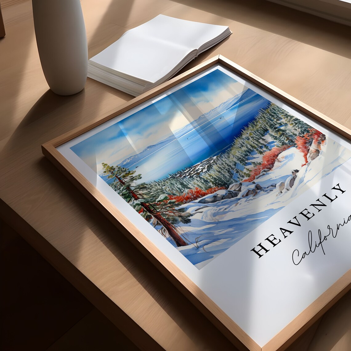 Heavenly California Watercolor Lake Tahoe Snowy Pines Ski View Poster - Image 6