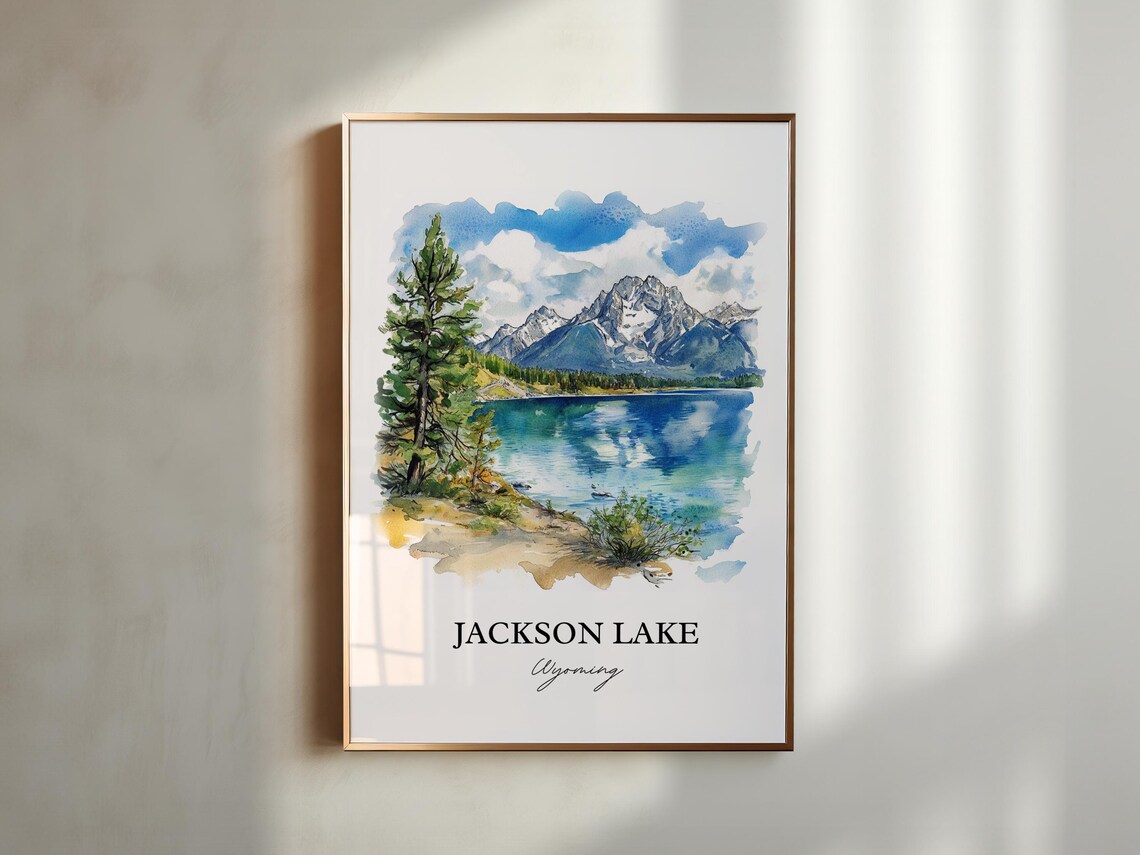 Jackson Lake Wyoming Mountain Lake Pine Trees Watercolor Poster - Image 4