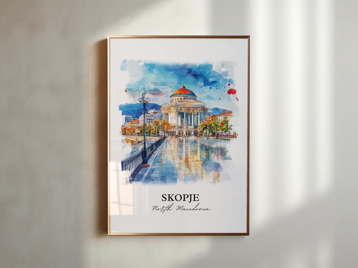 Skopje North Macedonia Watercolor Riverside Domed City Poster - Image 2