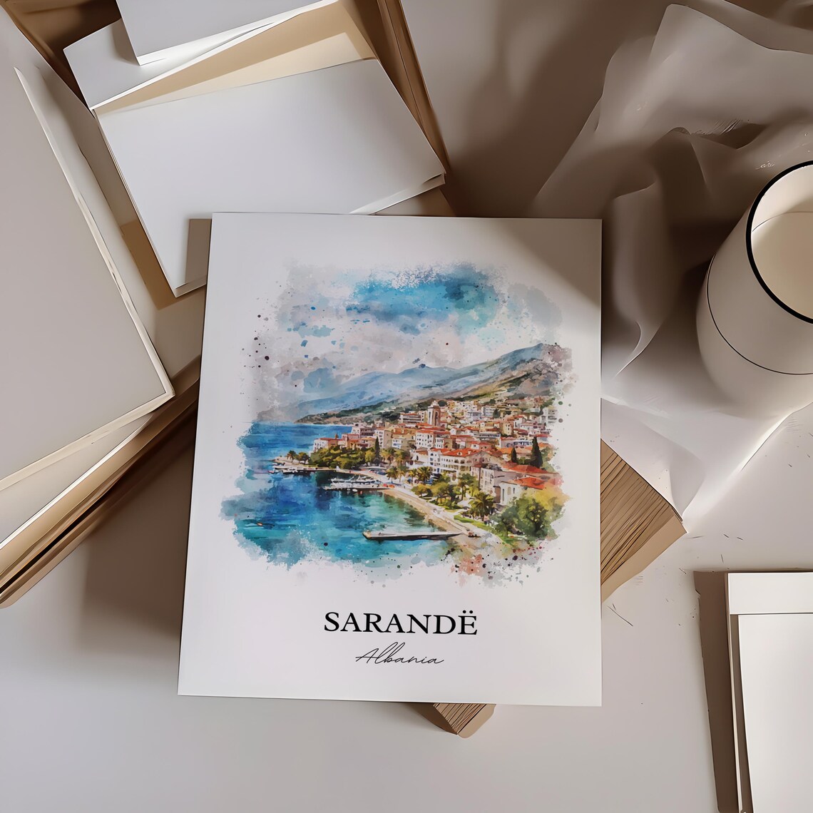 Sarande Albania Coastal Bay Watercolor Skyline Travel Art Wall Poster - Image 2