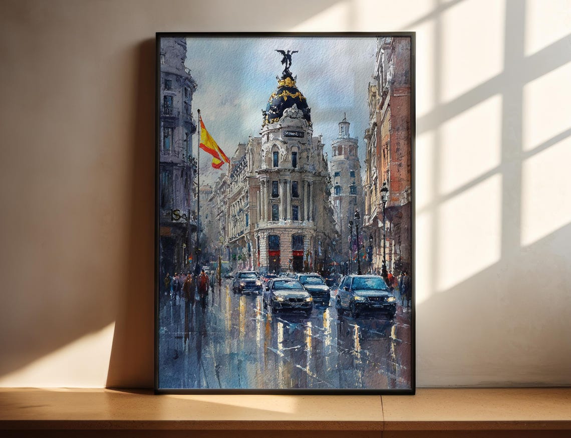 Madrid Spain Metropolis Dome Gran Via Rainy Street Watercolor Poster