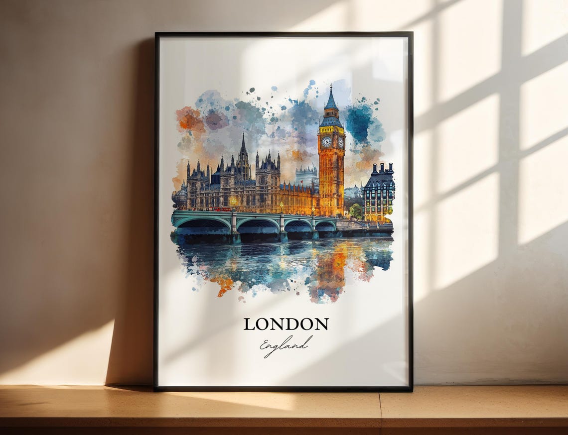 Big Ben England Watercolor Travel Poster, London