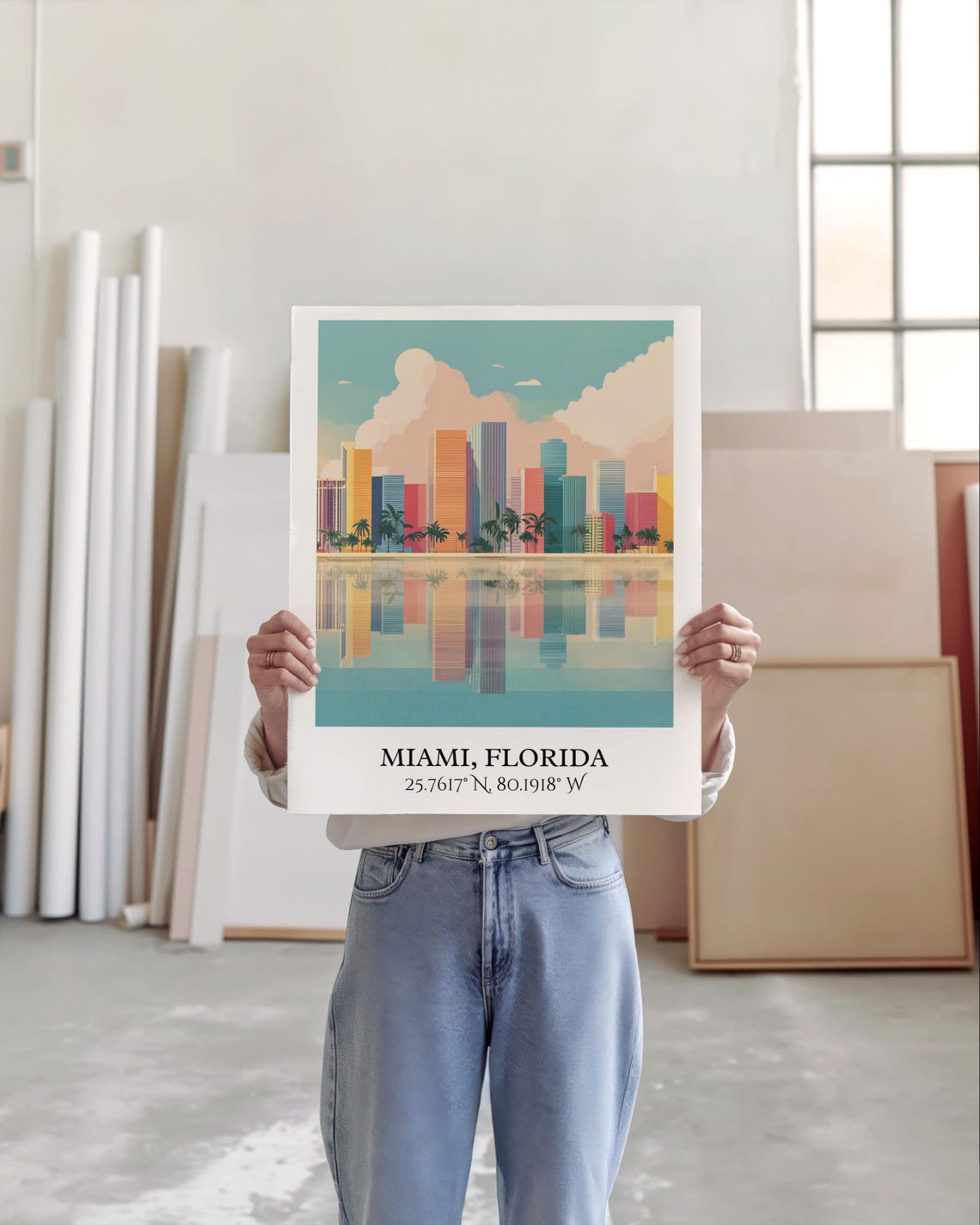 Miami Florida Skyline Palms Water Reflection Retro Travel Art Poster - Image 3