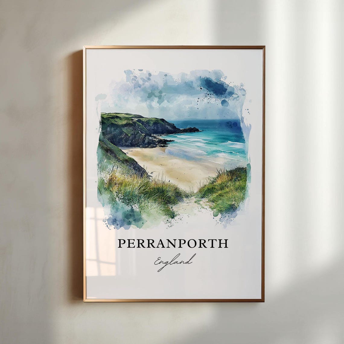 Perranporth Travel Poster, Cornwall England Watercolor