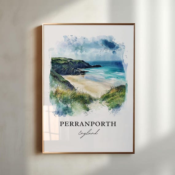 Perranporth Travel Poster, Cornwall England Watercolor