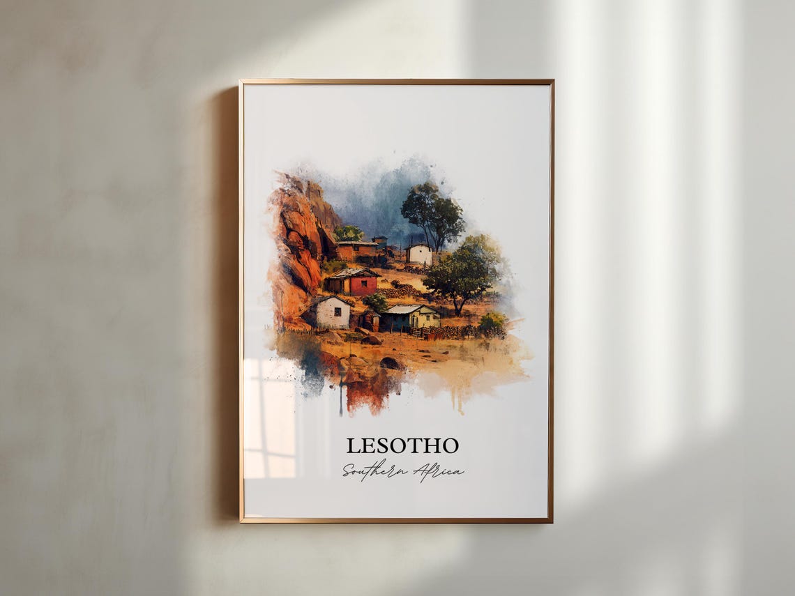 Lesotho Southern Africa Mountain Village Scene Watercolor Poster - Image 5