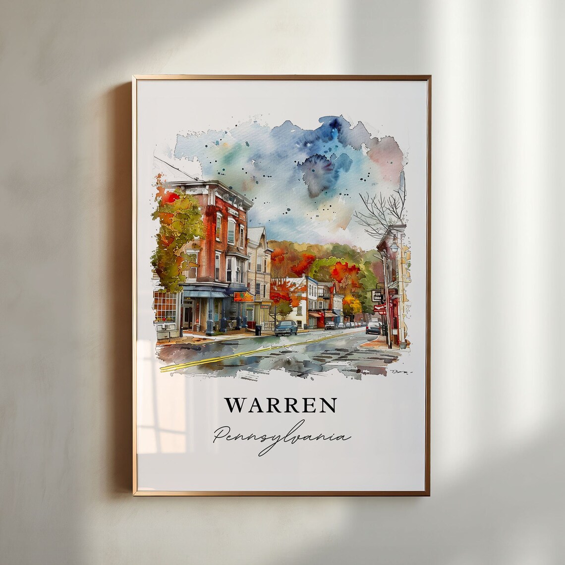 Warren Pennsylvania Watercolor Historic Main Street Autumn Scene Print