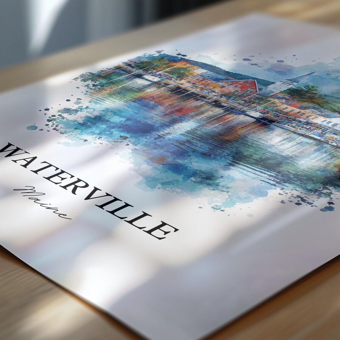 Waterville Maine Harbor Reflection Watercolor Travel Gift Poster - Image 6
