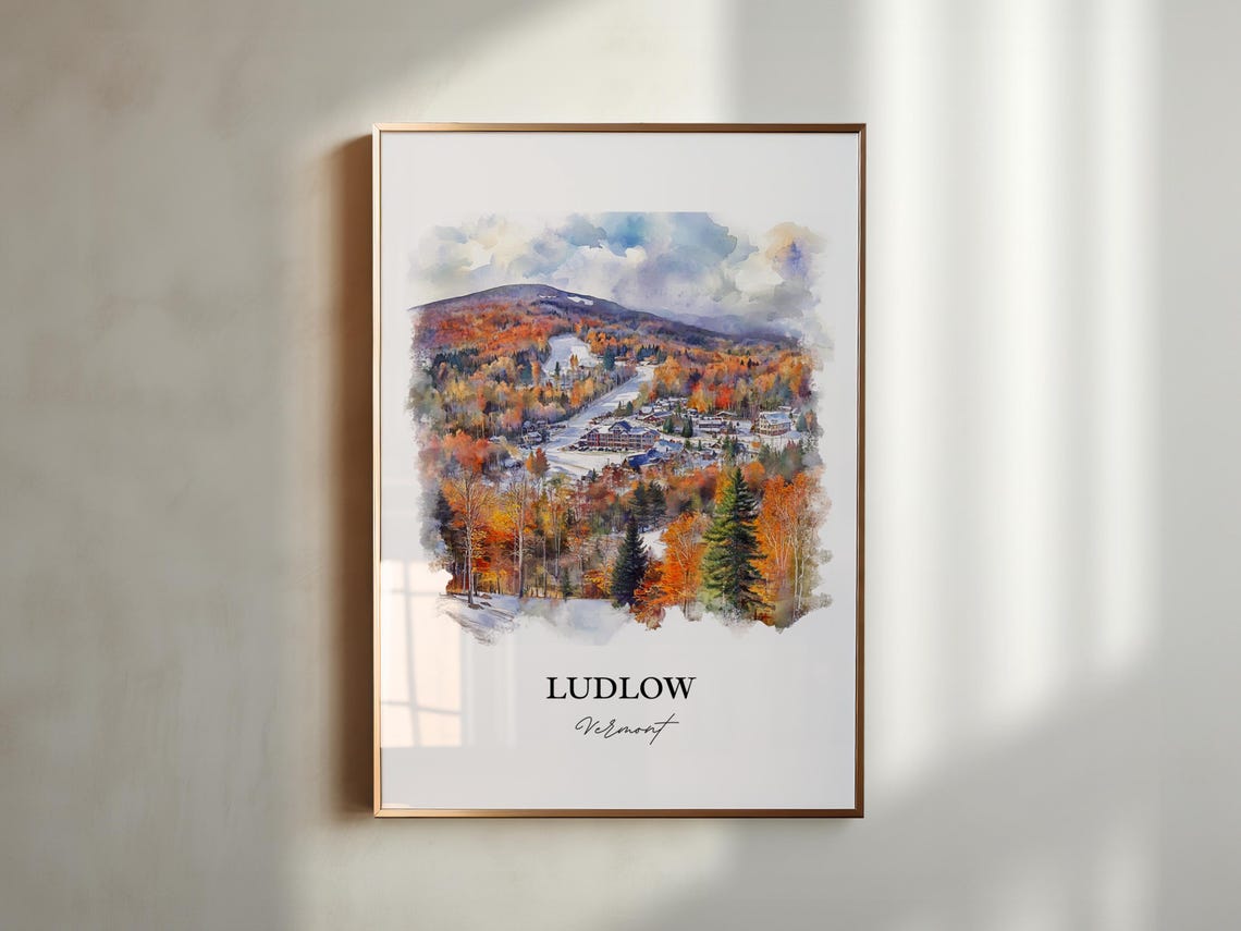 Ludlow Vermont Okemo Mountain Fall Foliage Watercolor Ski Poster - Image 4