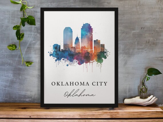 Oklahoma City Oklahoma Downtown Skyline Watercolor Splash Poster