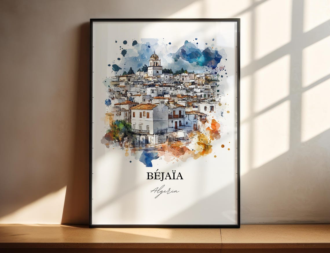 Bejaia Algeria White Hillside Mediterranean Town Watercolor Poster