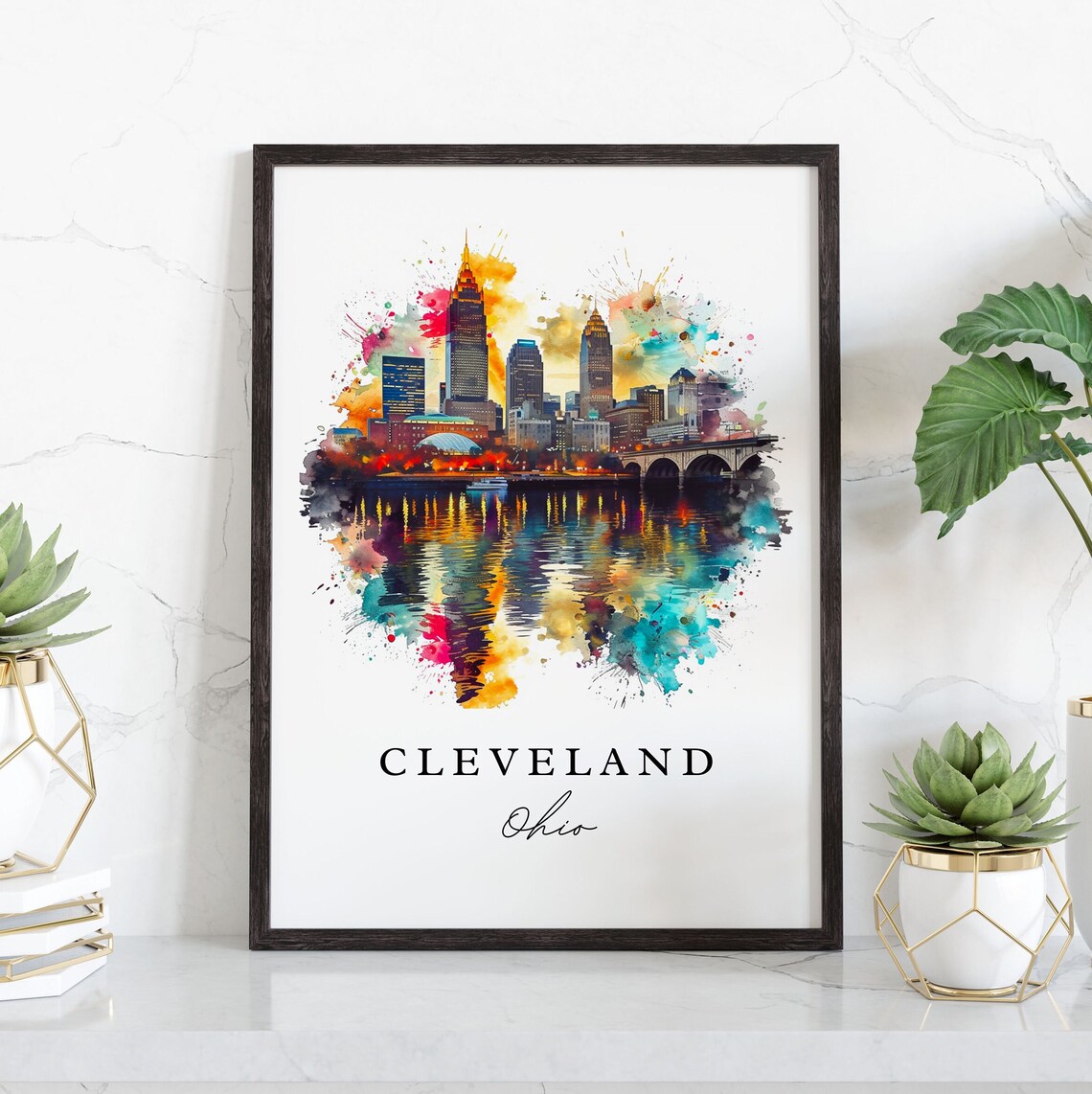 Cleveland Ohio Night Skyline Reflection Watercolor Travel Poster - Image 3