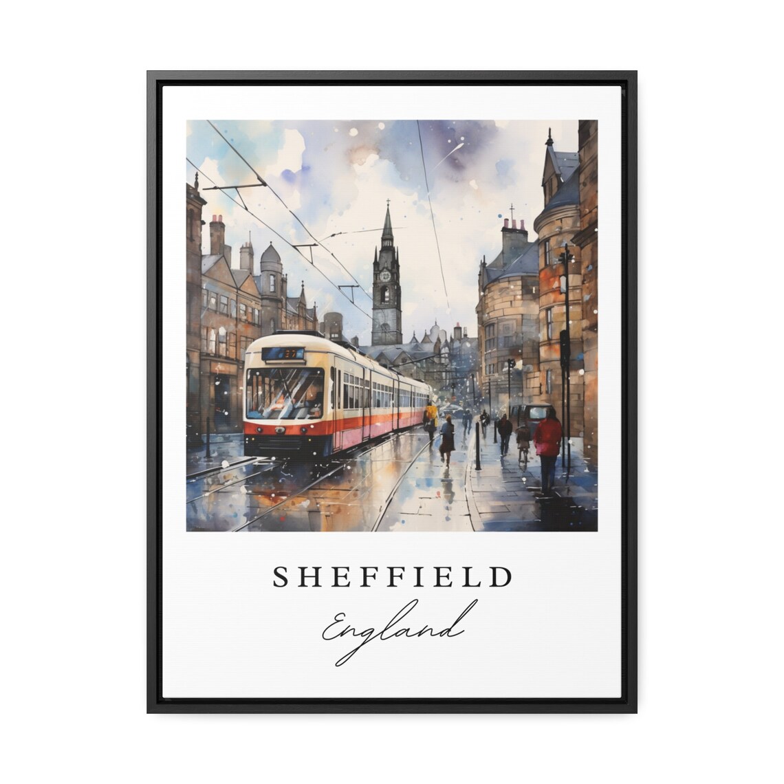 Sheffield England Tram Street Clock Tower Watercolor City Poster - Image 3