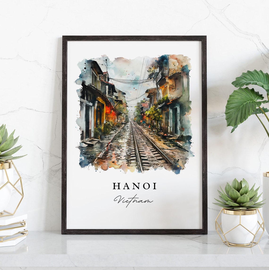 Hanoi Vietnam Watercolor Train Street Old Quarter Scene Poster - Image 3