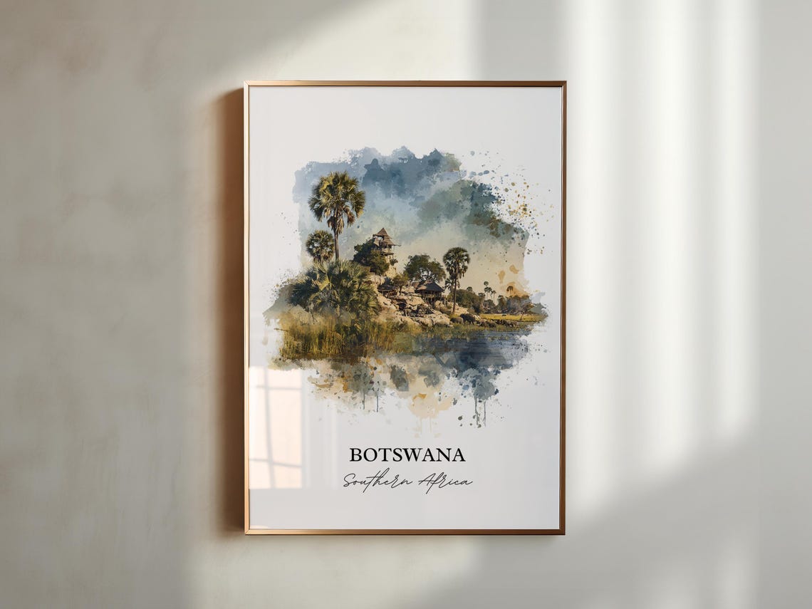 Botswana Southern Africa Riverside Lodge Watercolor Travel Poster - Image 5