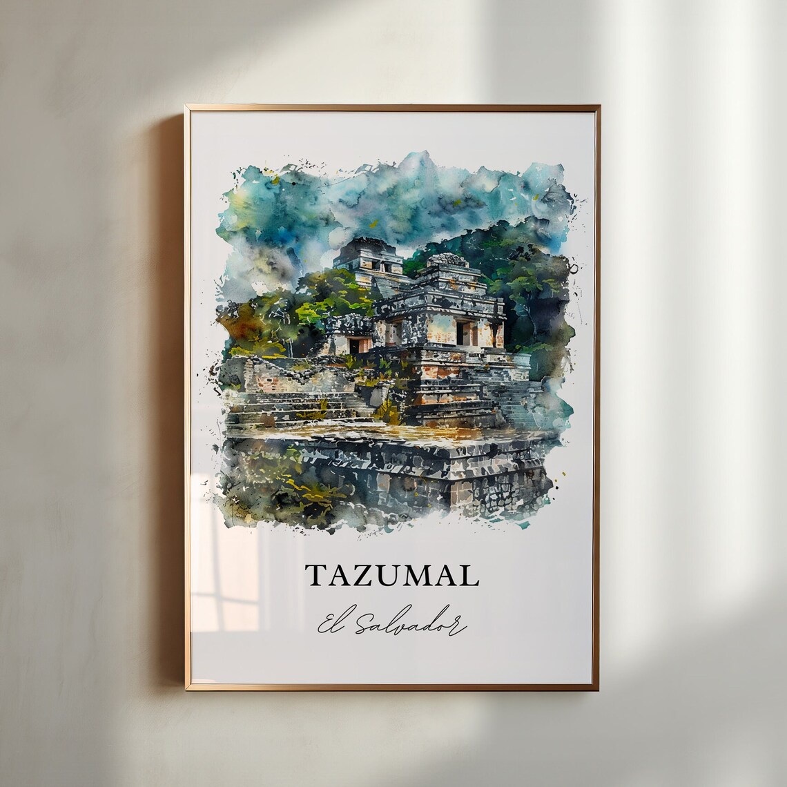 Tazumal El Salvador Watercolor Maya Ruins Temple Jungle Poster