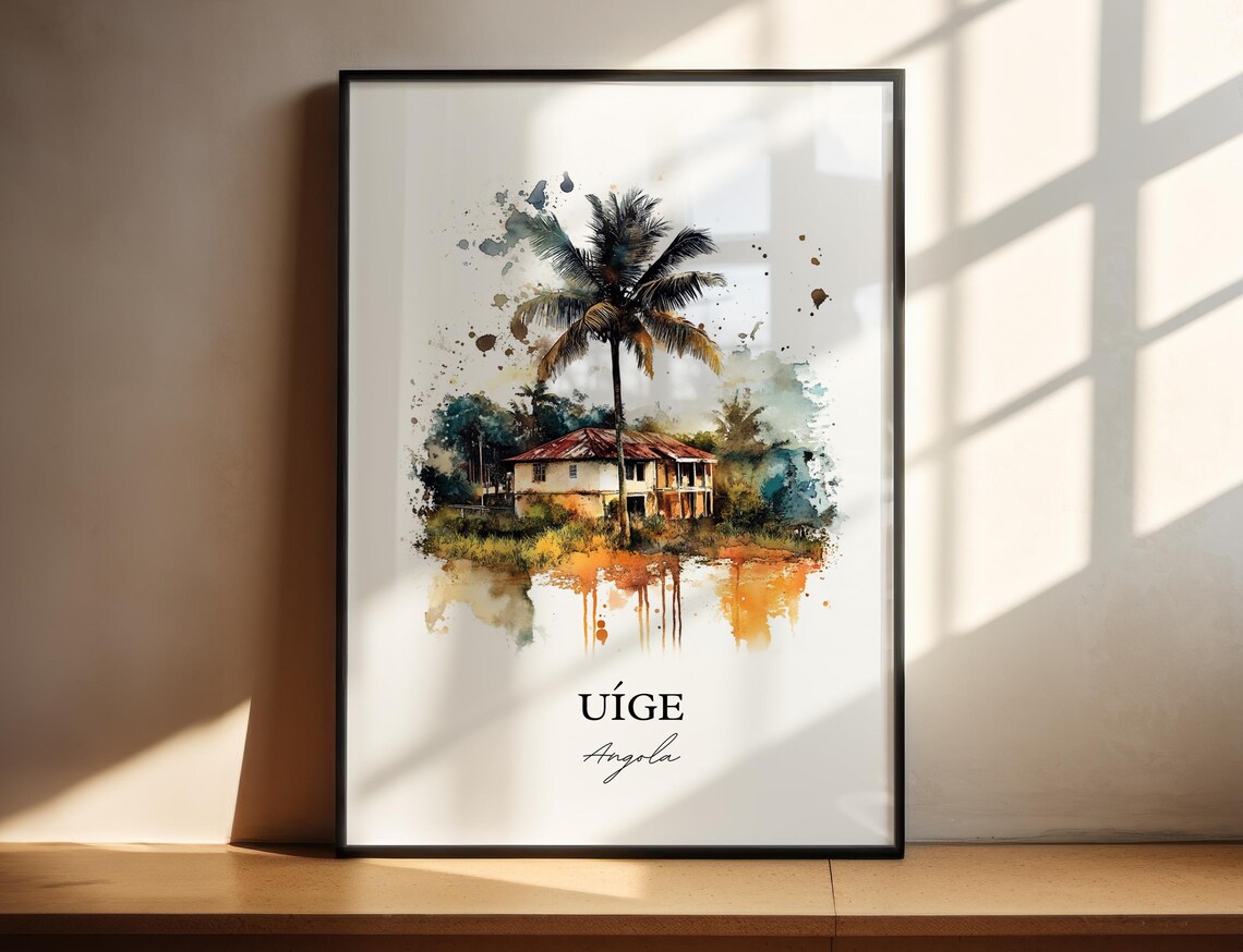 Uige Angola Tropical House Palm Tree Watercolor Travel Poster