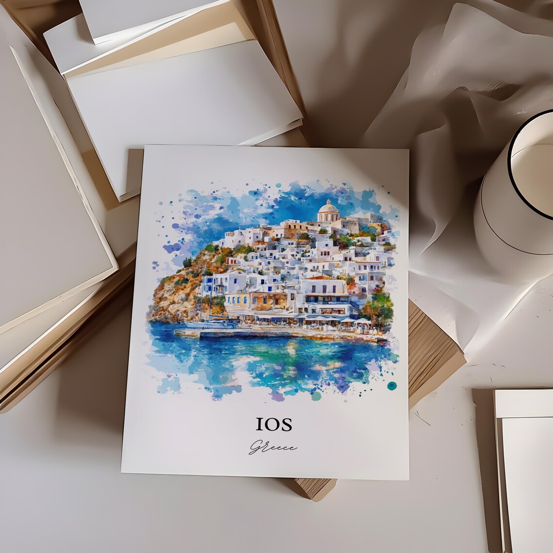 Ios Greece White Village Blue Harbor Watercolor Travel Poster - Image 5