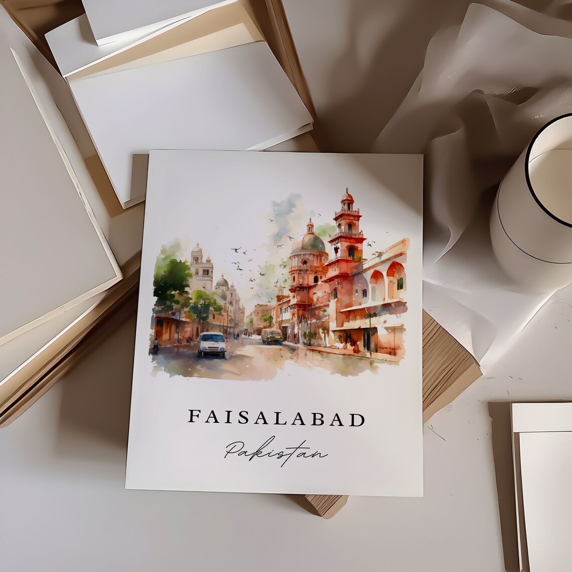 Faisalabad Pakistan Watercolor Historic Street Scene Travel Poster - Image 6