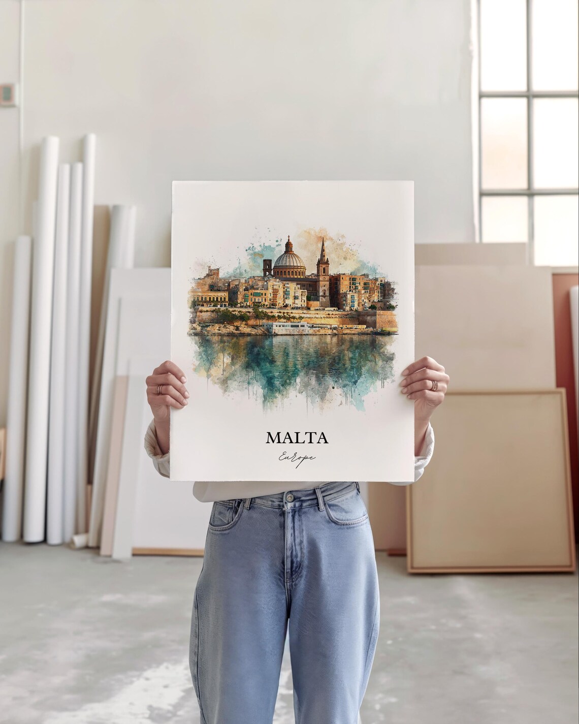 Malta Historic Harbor Skyline Watercolor Europe Travel Poster - Image 5