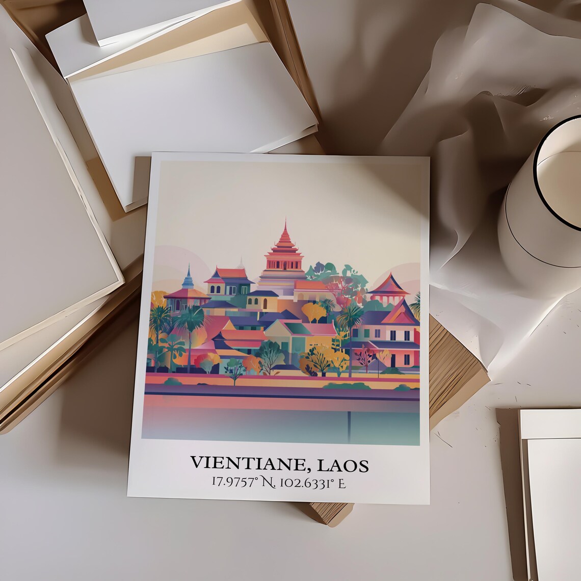 Vientiane Laos Temples Riverside Colorful Cityscape Travel Poster - Image 2
