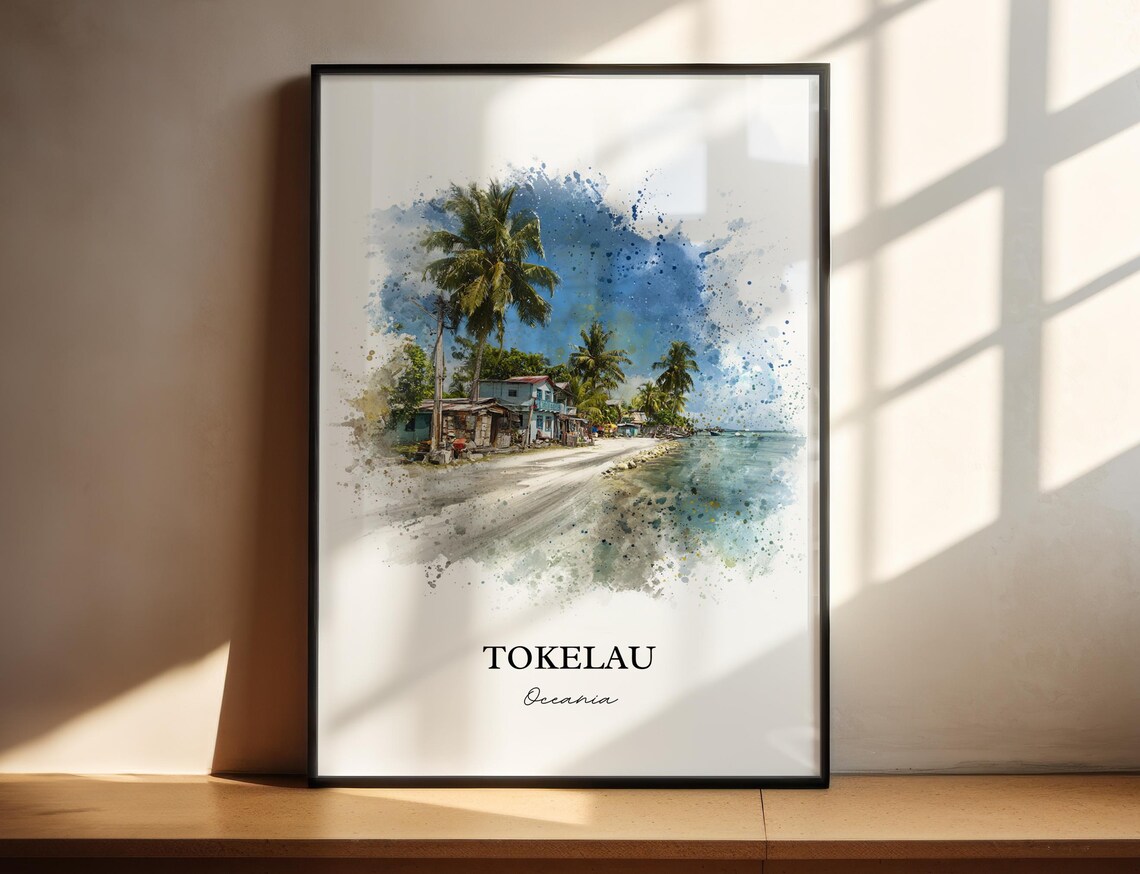 Tokelau Oceania Palm Trees Beachfront Watercolor Island Art Poster