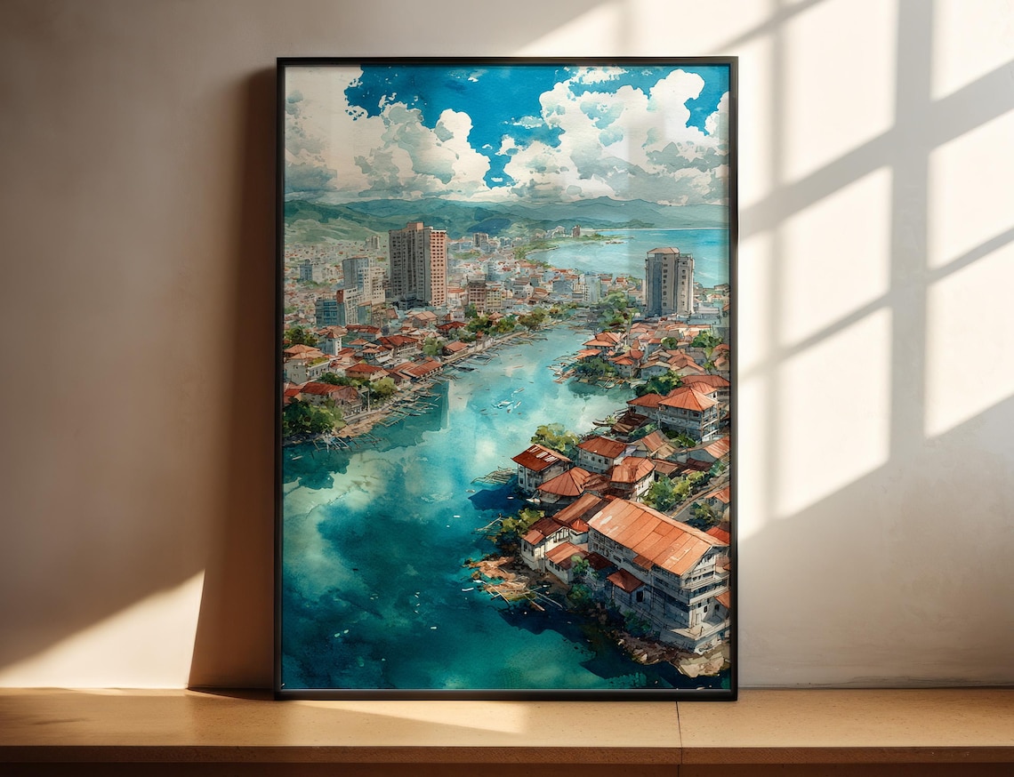 Cebu Philippines Watercolor Travel Poster, Skyline Decor