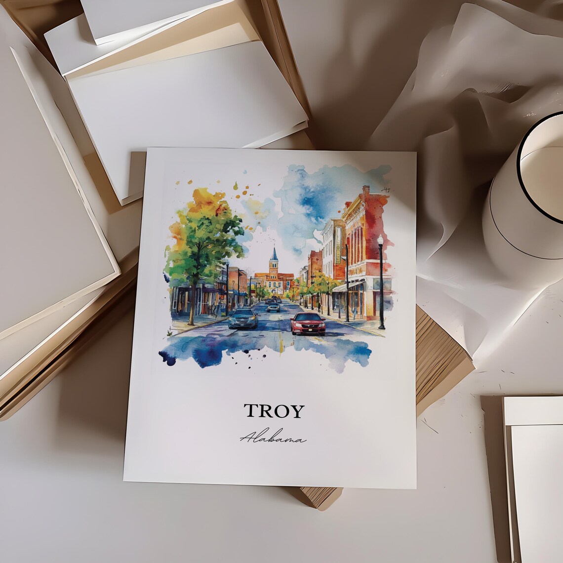 Troy Alabama Downtown Street Church Spire Watercolor Travel Poster - Image 3