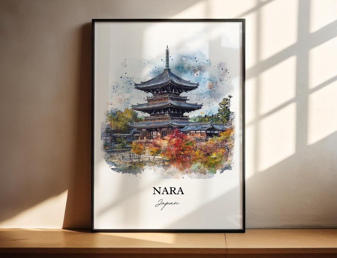 Nara Japan Watercolor Five Story Pagoda Autumn Temple Scene Poster