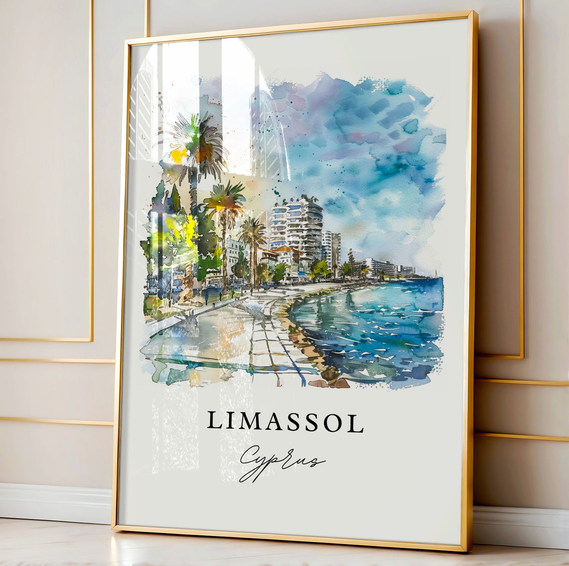 Limassol Cyprus Watercolor Seaside Promenade Palm Trees Poster - Image 3