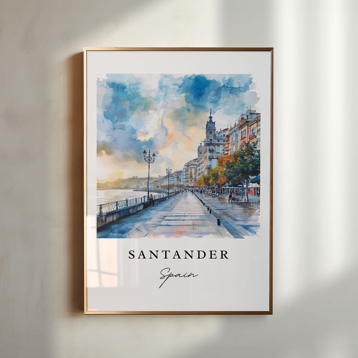 Santander Spain Waterfront Promenade Watercolor Travel Poster
