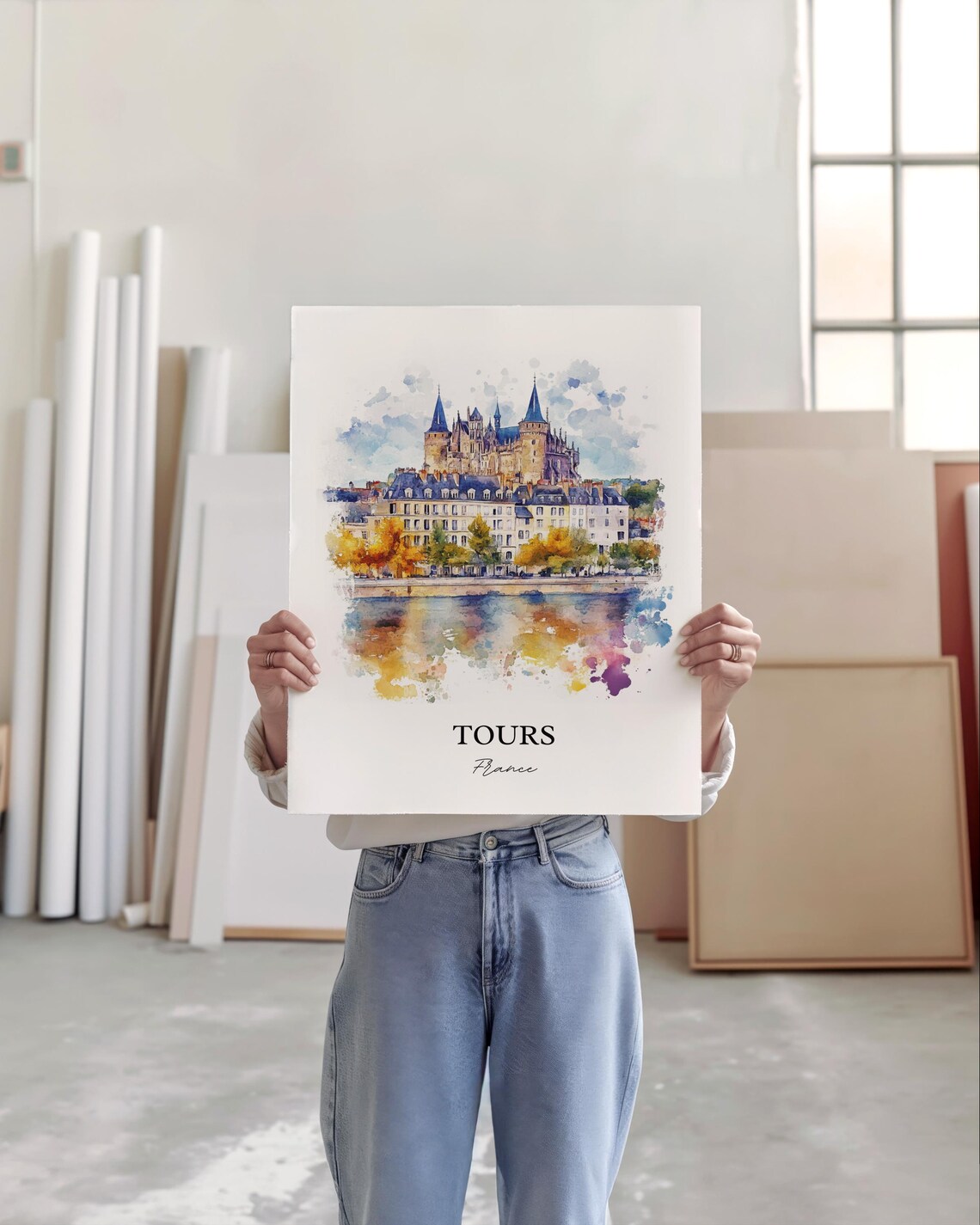 Tours France Riverside Basilica Reflection Watercolor Travel Poster - Image 4