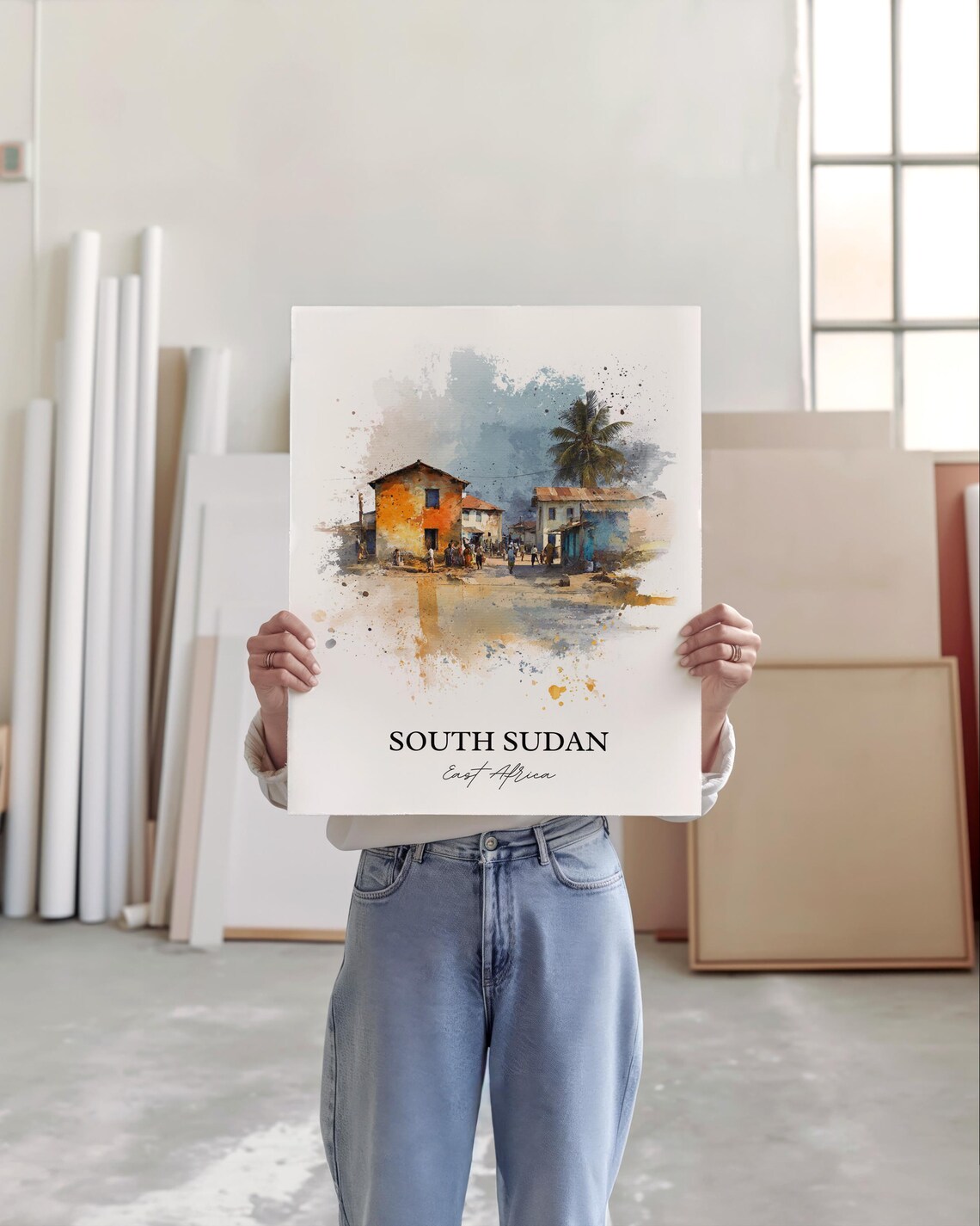South Sudan East Africa Village Street Watercolor Travel Poster - Image 3