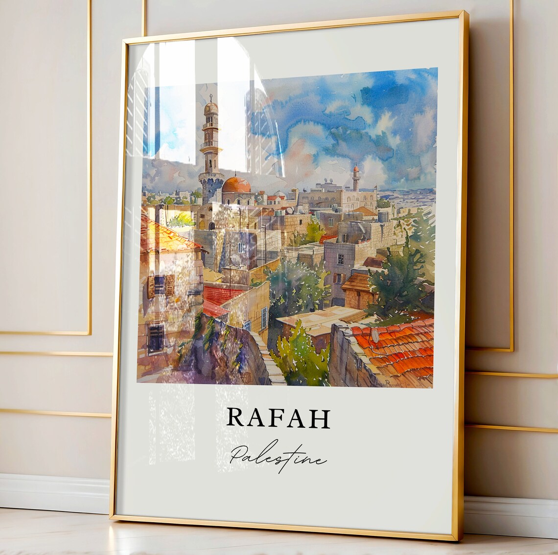 Rafah Palestine Watercolor Old City Mosque Minaret Travel Poster - Image 2
