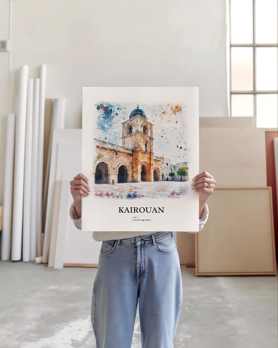 Kairouan Tunisia Historic Grand Mosque Watercolor Travel Poster - Image 4