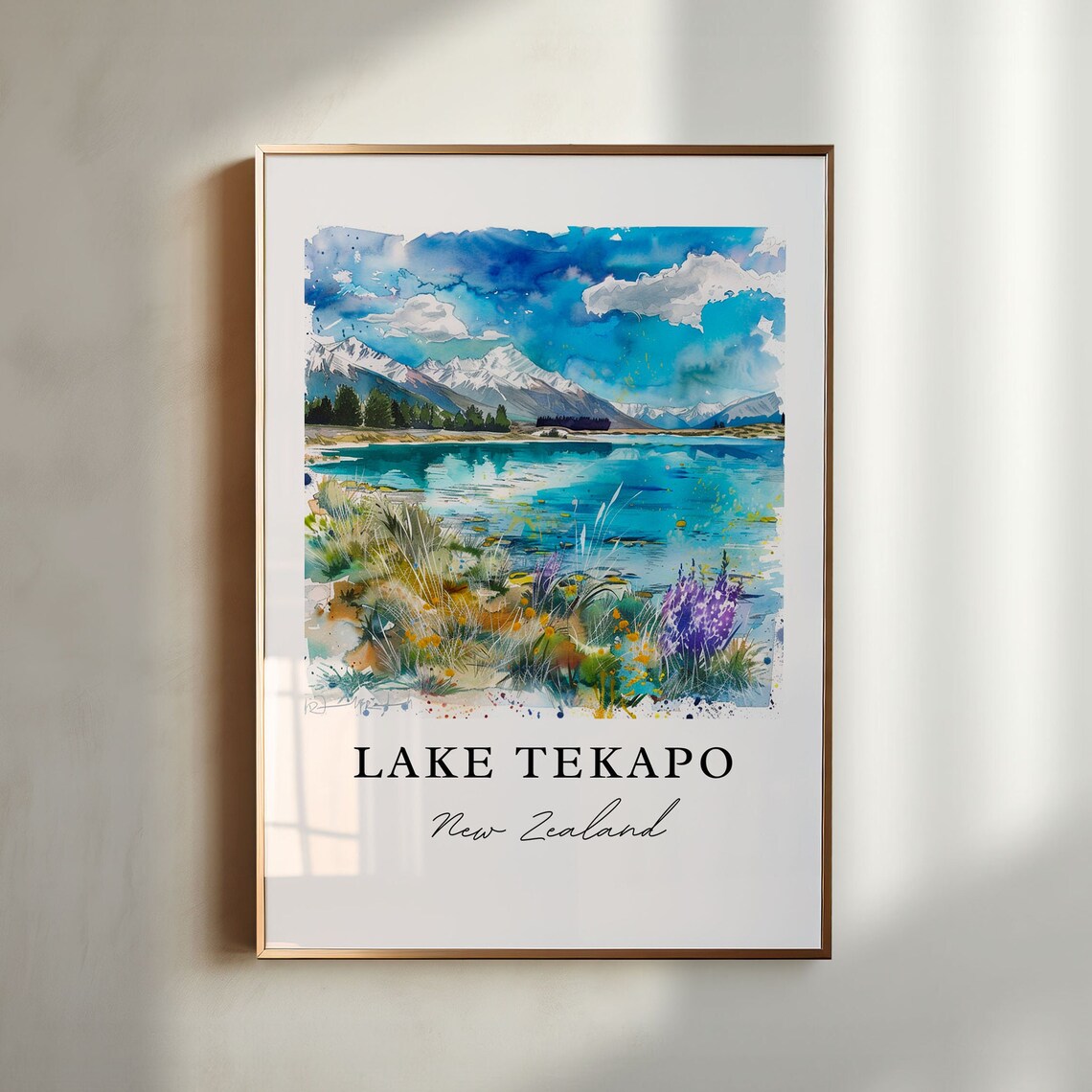 Lake Tekapo New Zealand Turquoise Lake Southern Alps Watercolor Poster