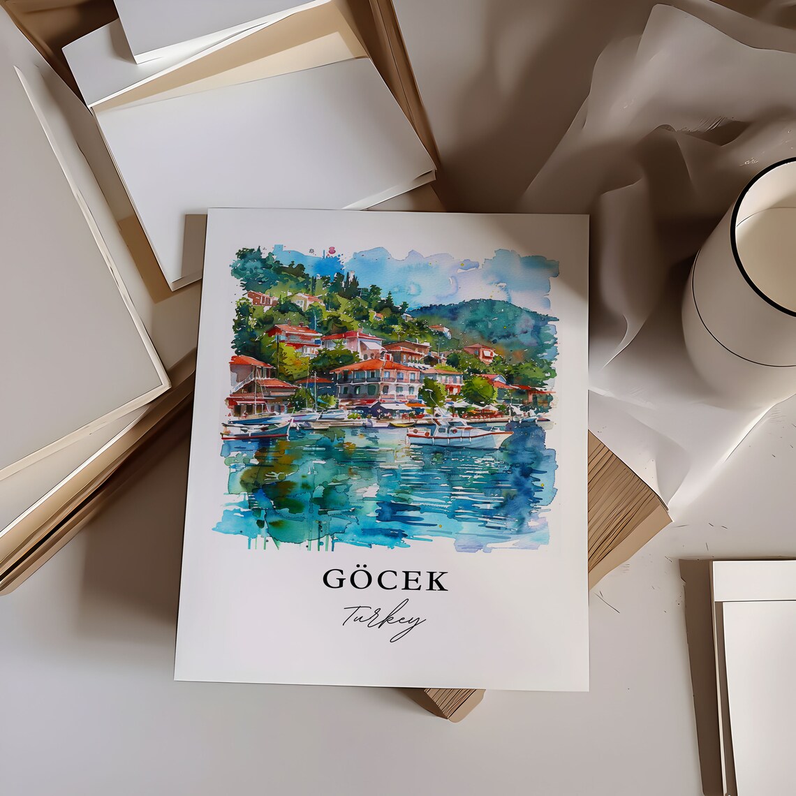 Gocek Turkey Watercolor Harbor Boats Hillside Village Poster - Image 5