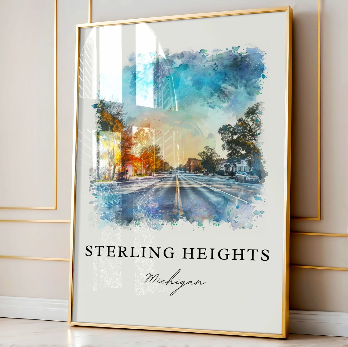 Sterling Heights Michigan Watercolor Sunset Street Scene Poster - Image 3