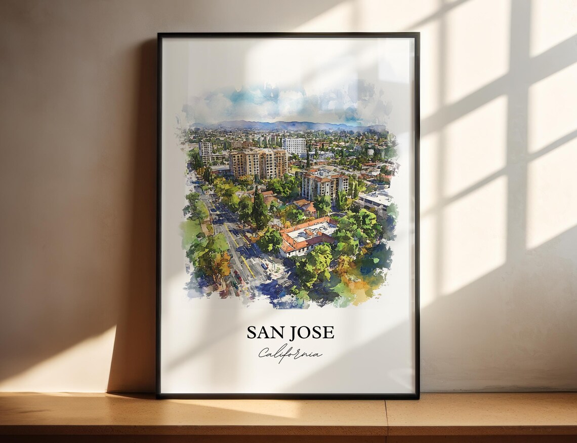 San Jose California Aerial Streetscape Watercolor City Poster