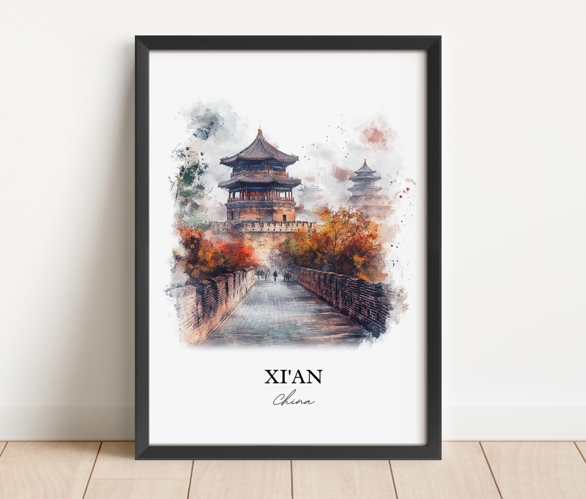 Xian China Watercolor Historic City Wall Tower Autumn Poster - Image 3