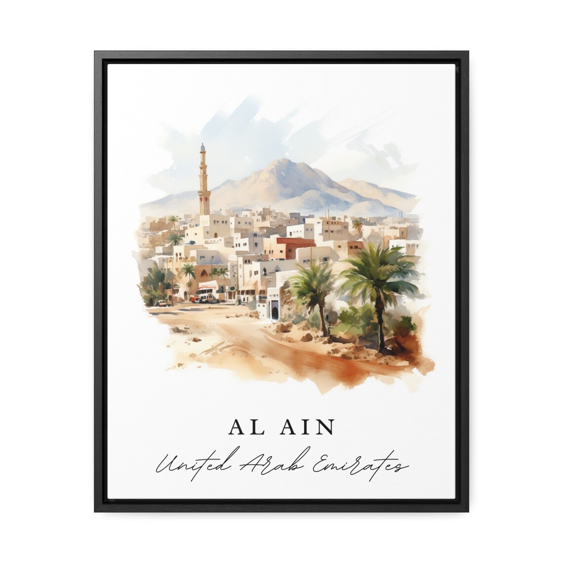 Al Ain UAE Watercolor Desert Town Minaret Mountain Travel Poster
