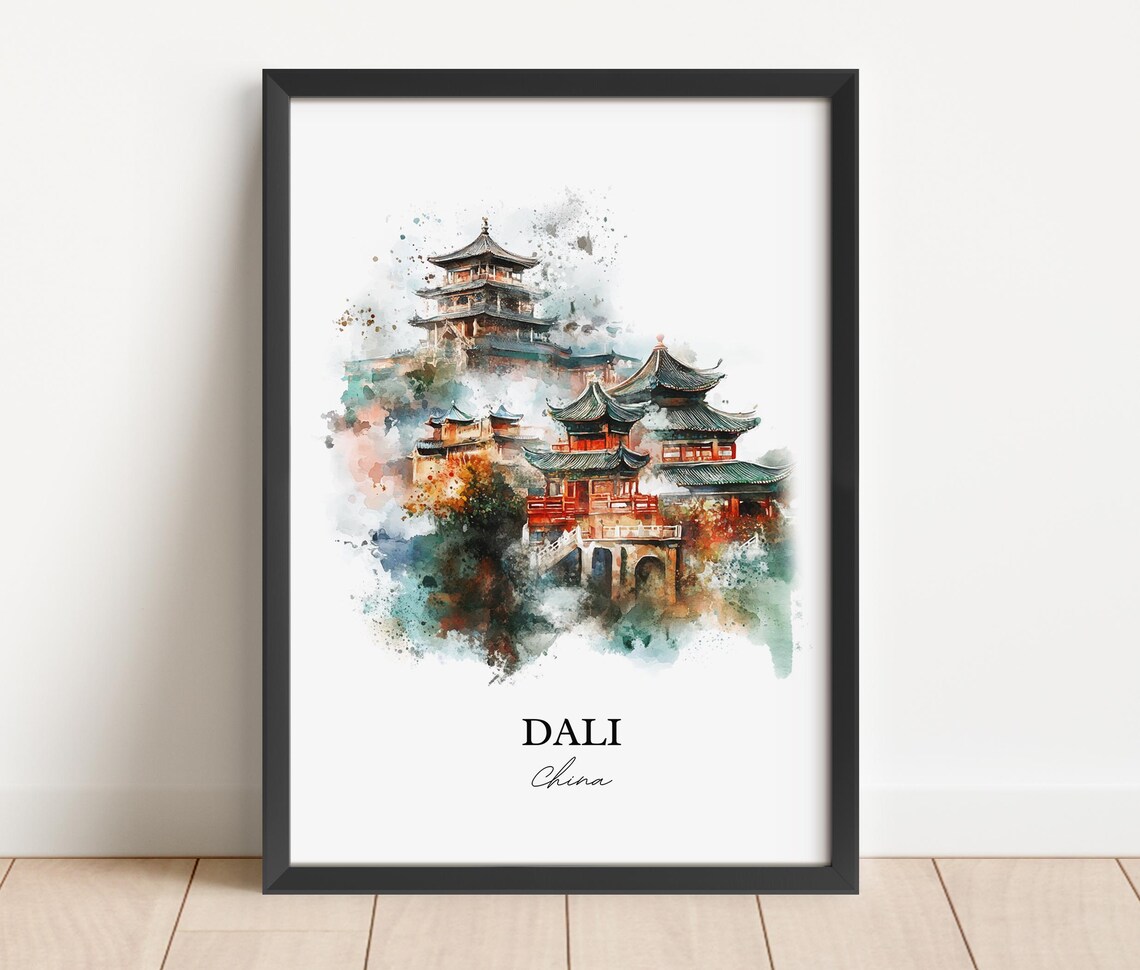 Dali China Watercolor Temple Pagoda Autumn Colors Art Poster - Image 3