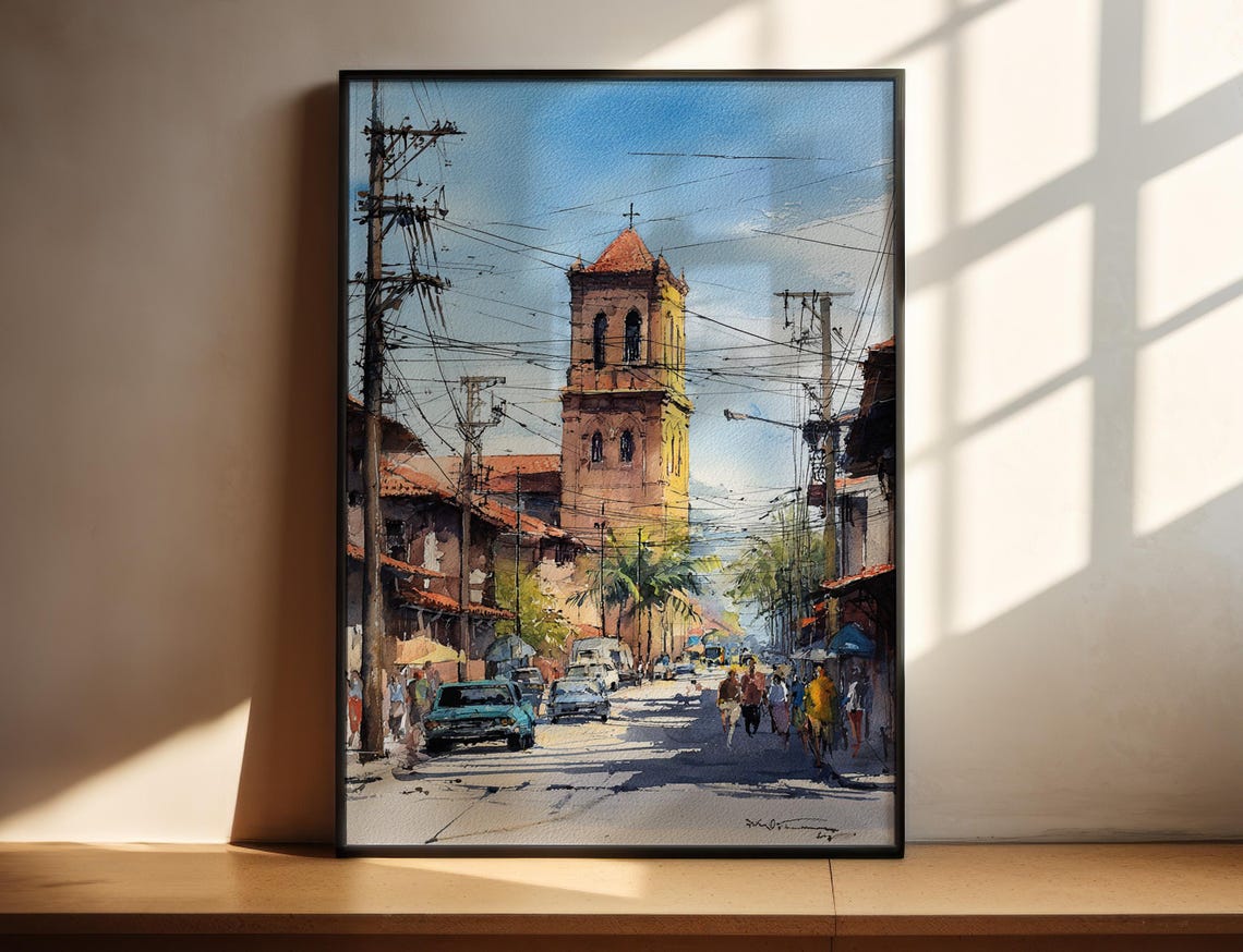 Asuncion Paraguay Colonial Street Church Watercolor Travel Poster