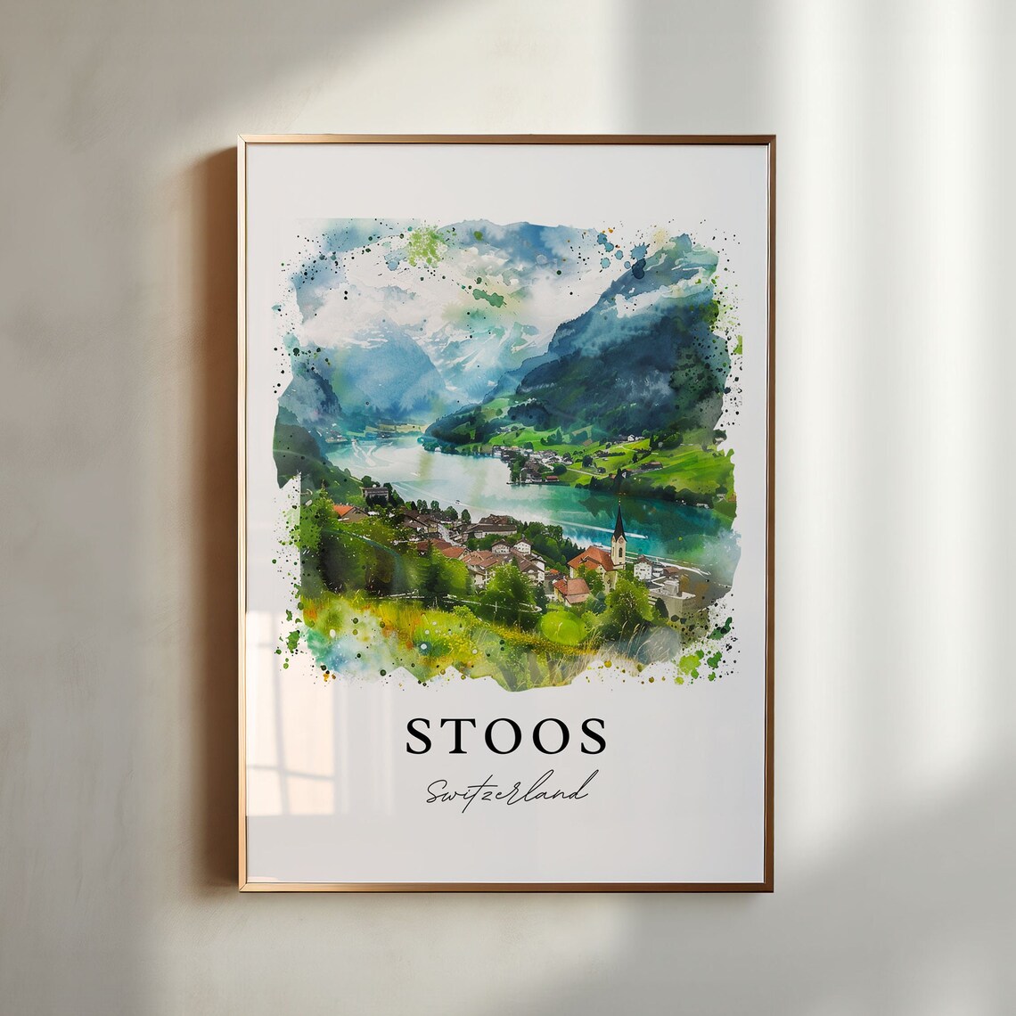 Stoos Switzerland Alpine Lake Village Watercolor Mountain Poster