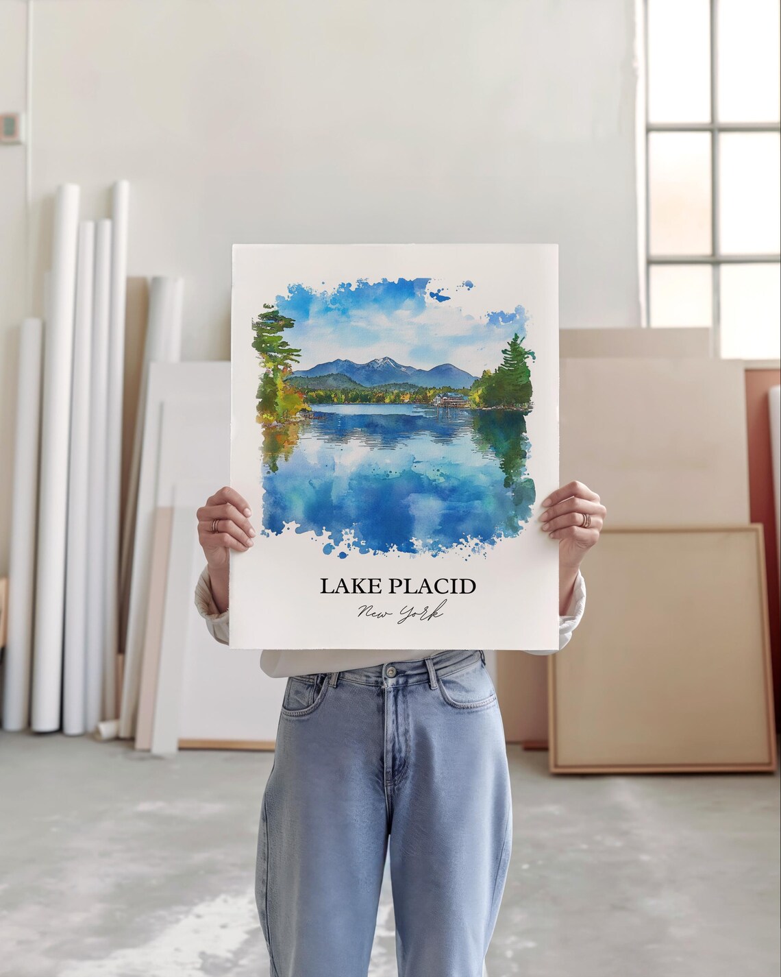 Lake Placid New York Mountain Lake Watercolor Travel Gift Poster - Image 5