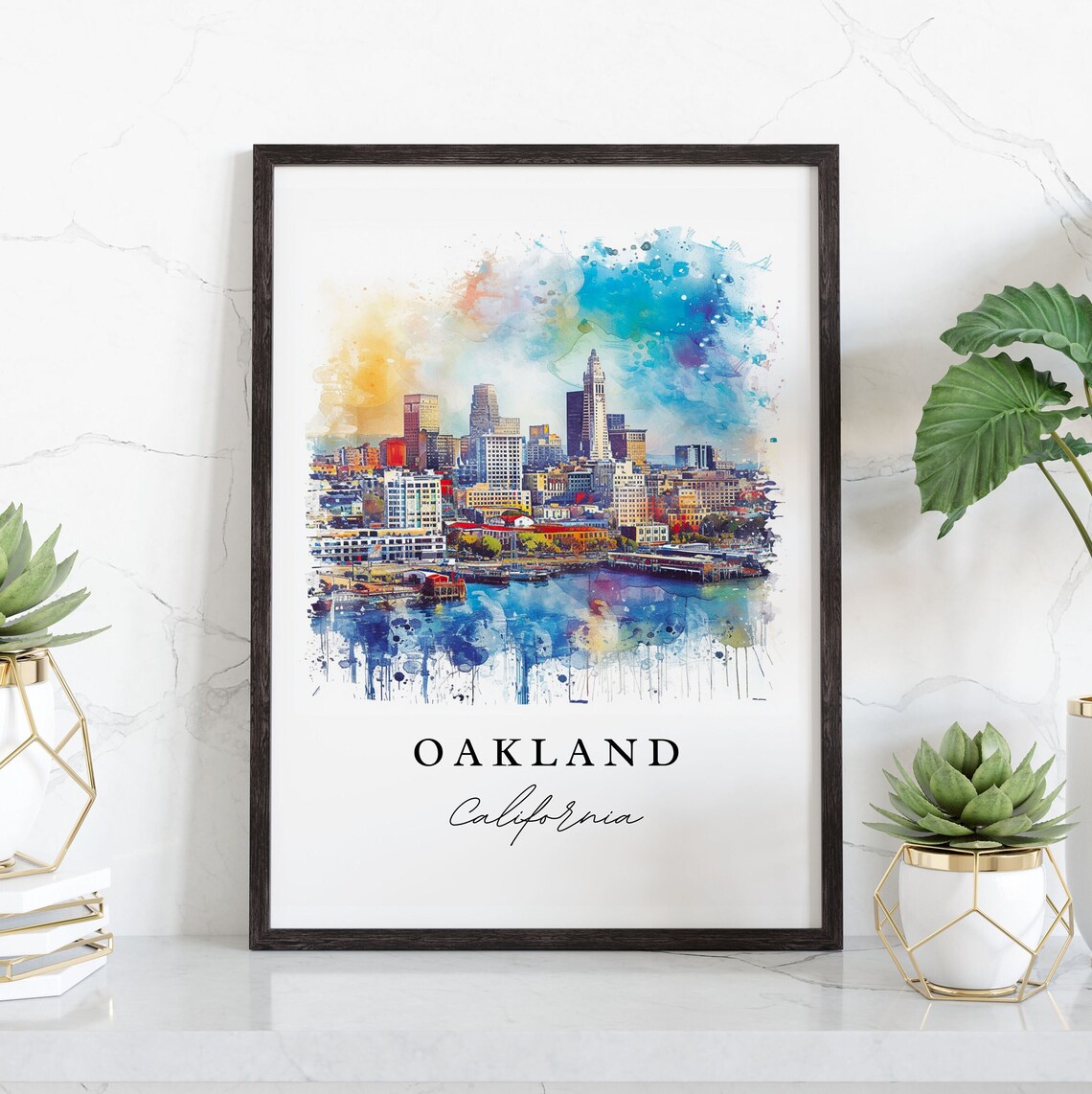 Oakland California Downtown Skyline Waterfront Watercolor Poster - Image 3