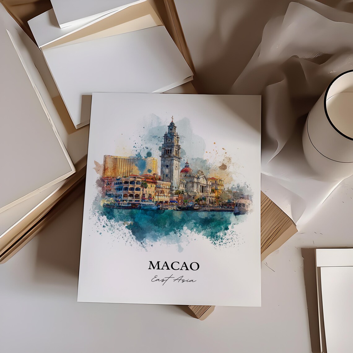 Macao East Asia Watercolor Historic Harbor Clock Tower Travel Poster - Image 4