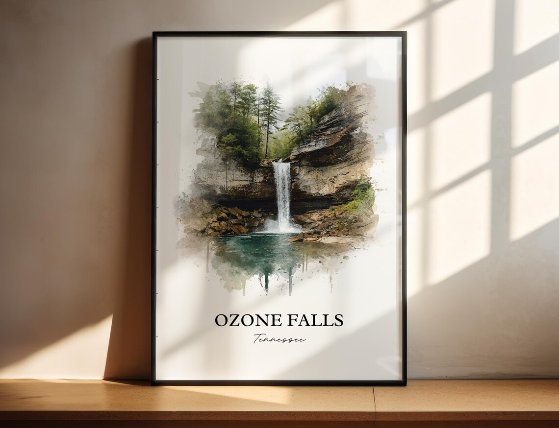 Ozone Falls Tennessee Teal Pool Plunge Cascade Watercolor Poster